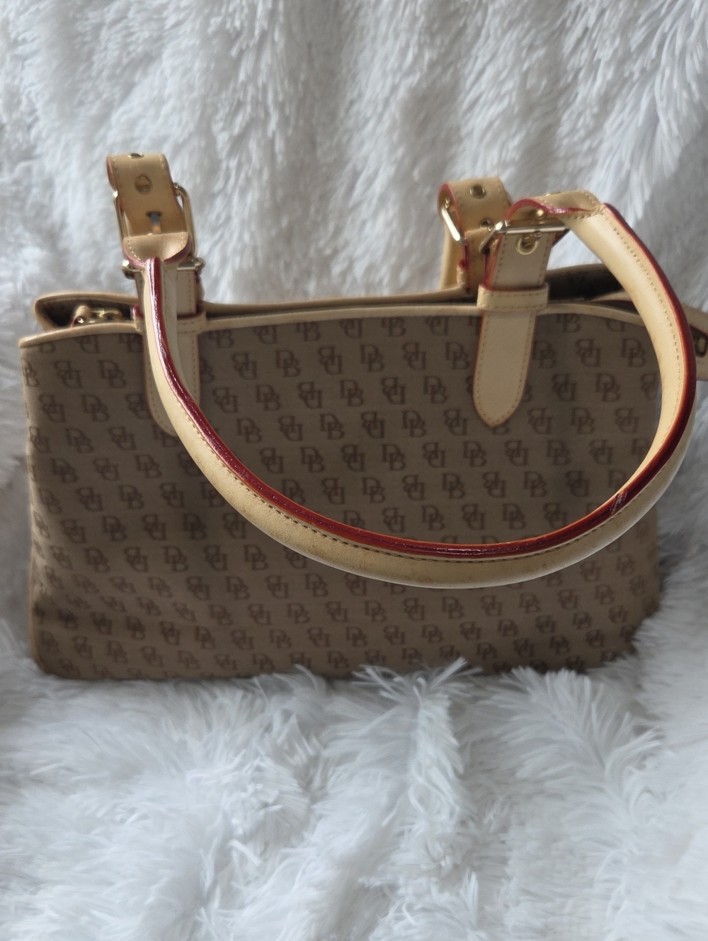 Dooney & Bourke Tan Signature Tote with Red Trim
